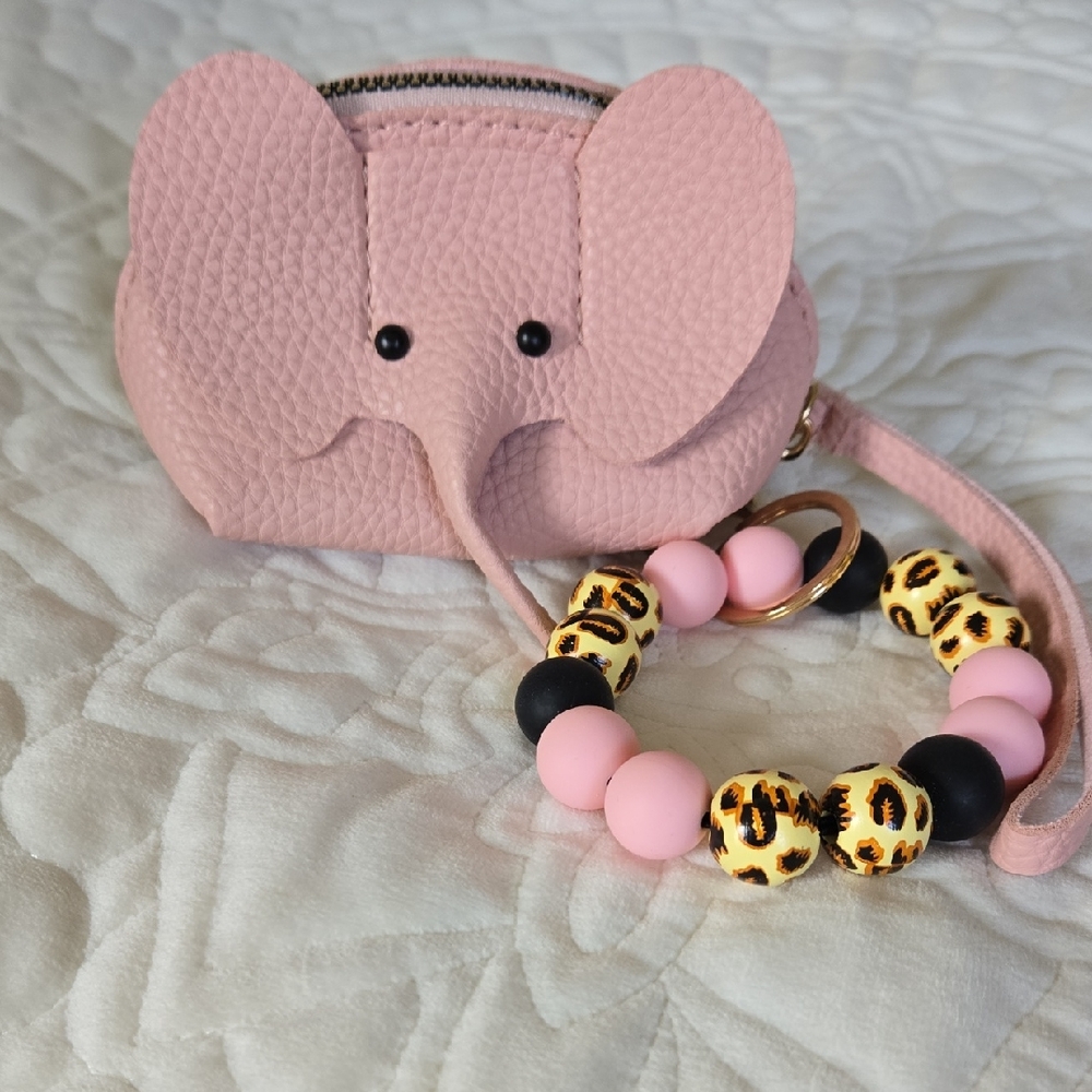 Pink Elephant Coin Purse with Beaded Keychain. Easter Basket Gift